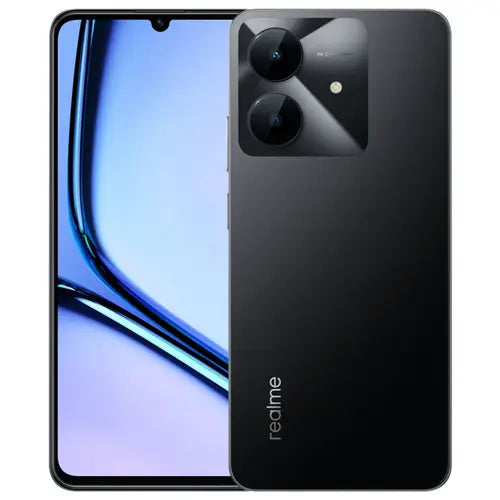 Realme Note 60x Marble Black 4GB RAM 128GB ROM smartphone front and back view with dual camera design and slim modern body
