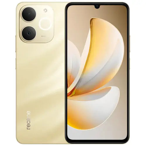 realme Note 70 smartphone in Beach Gold color with front display and rear dual camera design