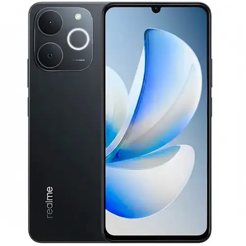 realme Note 70 Obsidian Black color variant featuring matte black finish rear design with dual cameras and edge-to-edge display front view