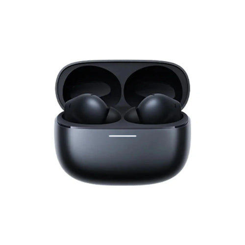 Black Redmi Buds 6 Pro earbuds displayed beside their compact charging case