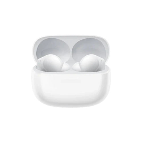 White Redmi Buds 6 Pro earphones featuring touch controls and portable case