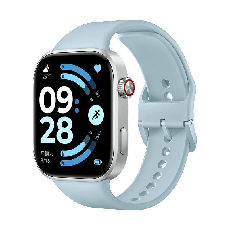 Redmi Watch 6 Lite with light blue silicone strap, silver frame and colourful fitness watch display