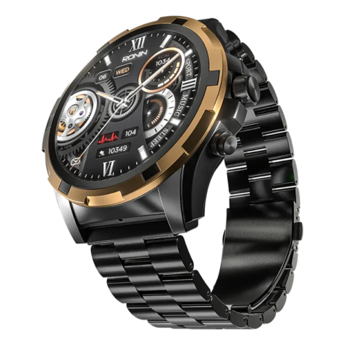RONIN R-014 Luxe Smart Watch with AMOLED display, stainless-steel design, Bluetooth calling and dual strap options in Pakistan.