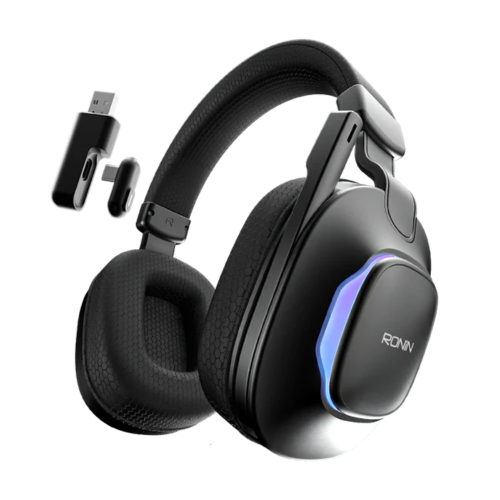 Ronin R-1515 Hurricane wireless gaming headphones in black color with RGB lighting and over-ear design