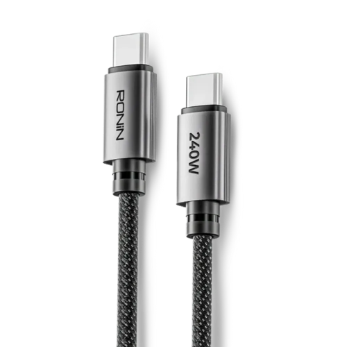 Ronin R-2050 Rush 240W Type-C to Type-C Cable with braided black design for fast USB-C charging of laptops and smartphones.