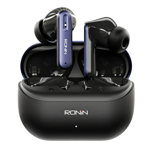 Ronin R-7075-A Vesper AI black earbuds with charging case featuring ANC and AI translation