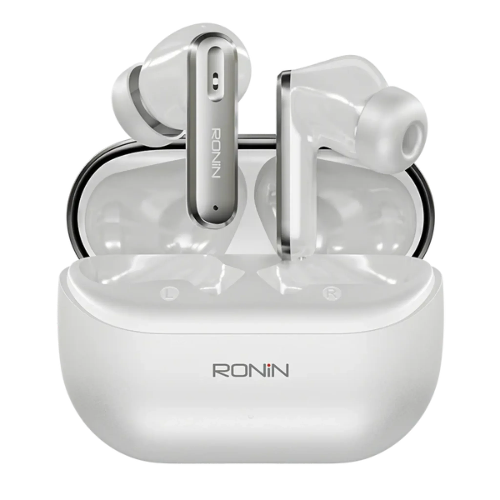 Ronin R-7075-A Vesper AI white earbuds with charging case featuring Bluetooth 5.3 and AI translation