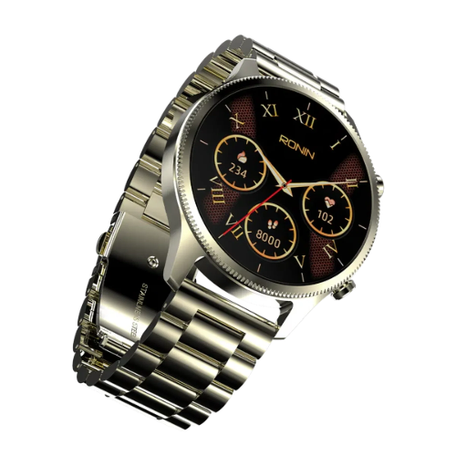 RONIN R-010 Luxe gold metallic smartwatch with premium design and Bluetooth calling feature