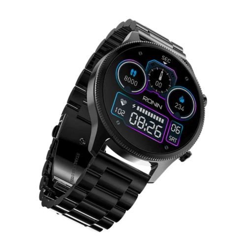 RONIN R-010 Luxe black metallic smartwatch with AMOLED display and Bluetooth calling