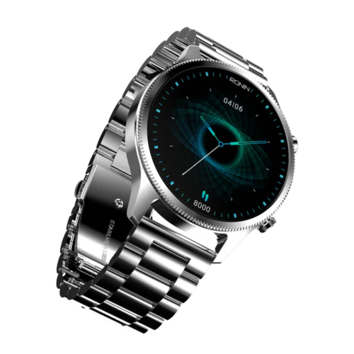 RONIN R-010 Luxe silver metallic smartwatch featuring AMOLED screen and fitness tracking features