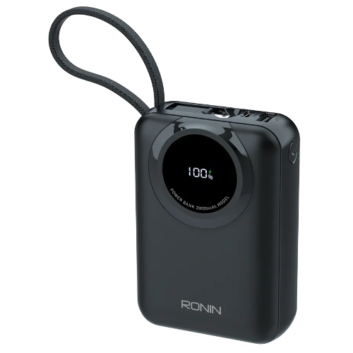 Ronin R-4040 Zapster 35W 20000mAh power bank front view with digital battery display and built-in charging cables