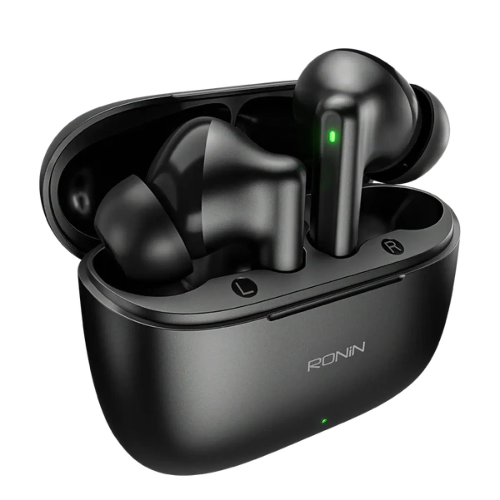 Ronin Vivid R-740 wireless earbuds with charging case featuring Bluetooth 5.3 and 13mm drivers