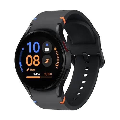 Samsung Galaxy Watch FE smartwatch with black band, dark case and orange fitness tracking display