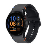 Samsung Galaxy Watch FE smartwatch with black band, dark case and orange fitness tracking display