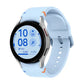 Samsung Galaxy Watch FE smartwatch with light blue band, silver case and round fitness tracking display
