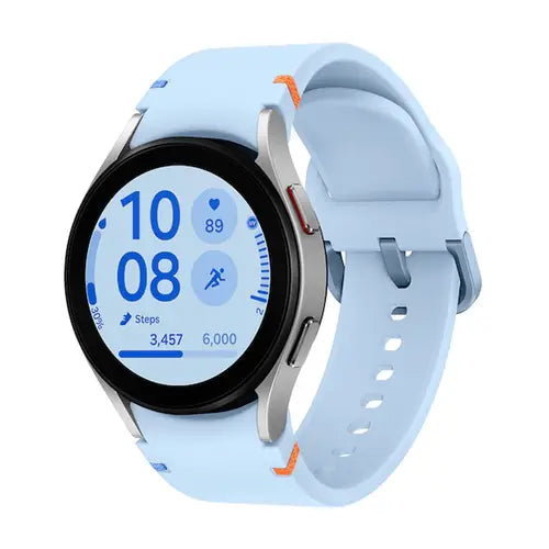 Samsung Galaxy Watch FE smartwatch with light blue band, silver case and round fitness tracking display
