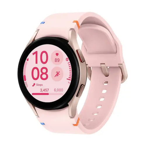 Samsung Galaxy Watch FE smartwatch with pink band, rose gold case and round health tracking display