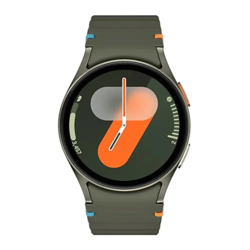 Samsung Galaxy Watch7 44mm green smartwatch with orange activity display and sport band