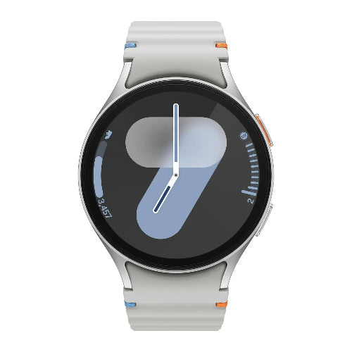 Samsung Galaxy Watch7 44mm silver smartwatch shown from the front with light grey strap