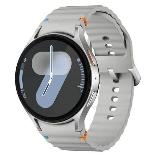 Samsung Galaxy Watch7 44mm silver smartwatch in side angle with grey sport band