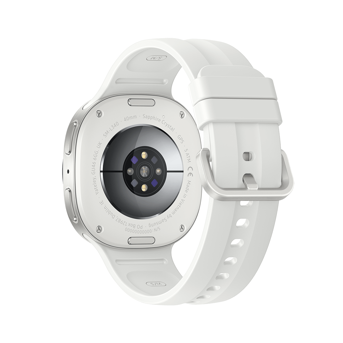 White Samsung Galaxy Watch9 40mm smartwatch with a round AMOLED display, white strap, and lightweight compact design.