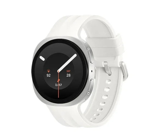 Samsung Galaxy Watch9 44mm smartwatch in white with a bright AMOLED display, white strap, and sleek lightweight design.