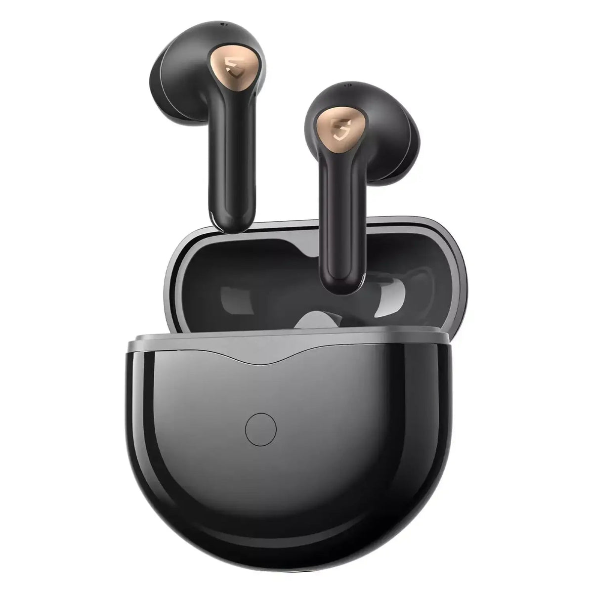 Black wireless earbuds with charging case on a white background