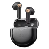 Black wireless earbuds with charging case on a white background