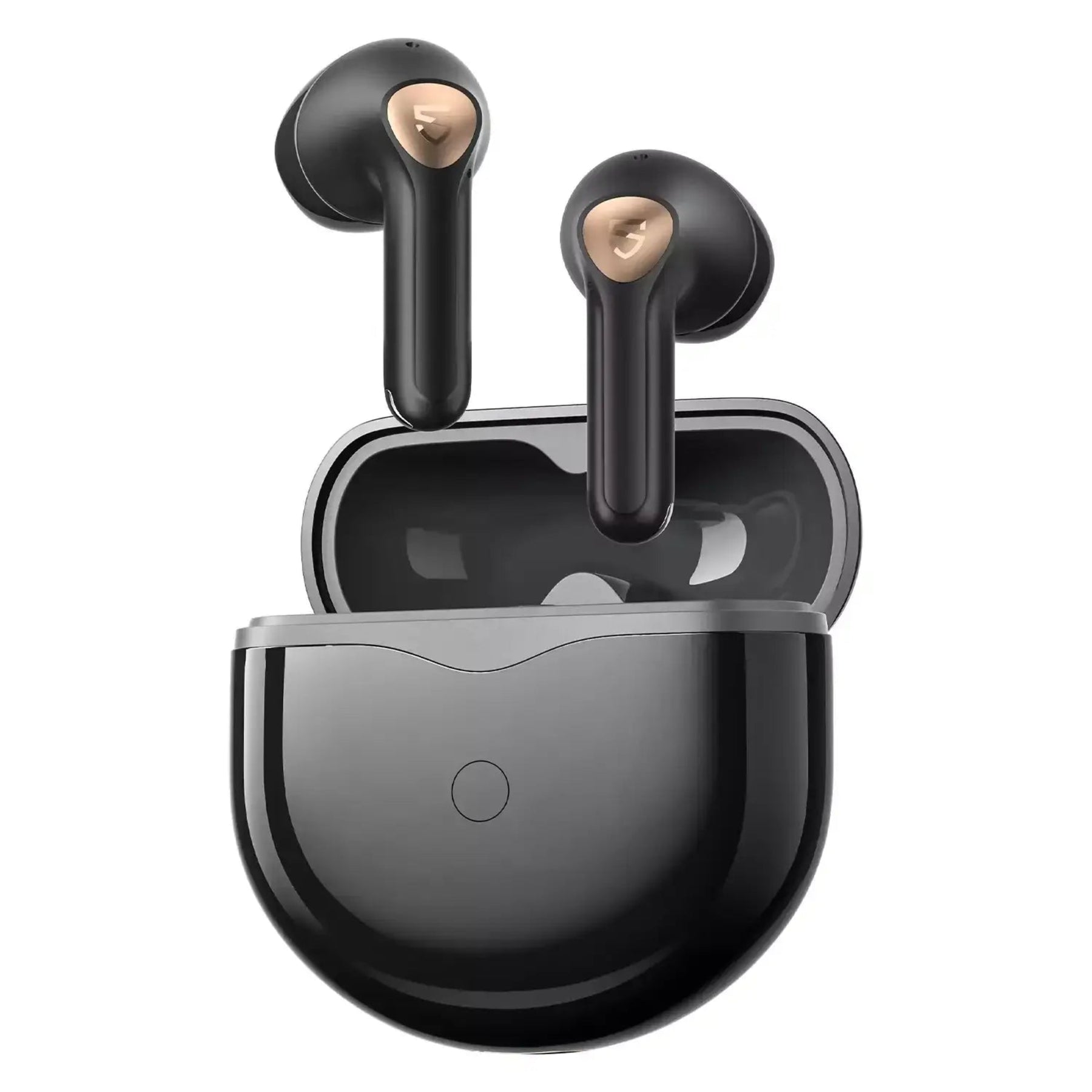 Black wireless earbuds with charging case on a white background