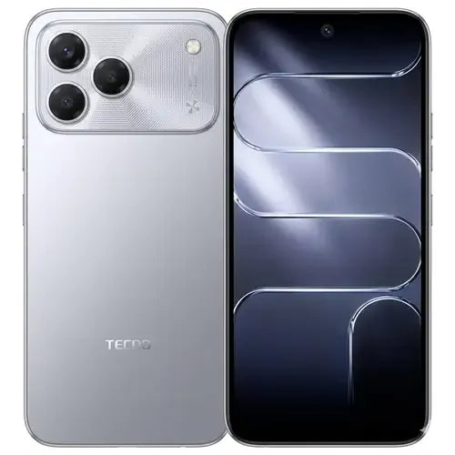 TECNO Spark 50 6GB 128GB silver color mobile phone front and back view