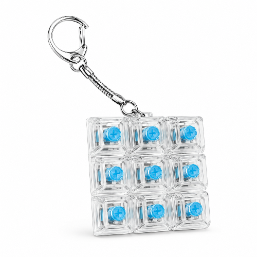 Transparent 9-key mechanical keyboard switch keychain with blue switches and a silver keyring