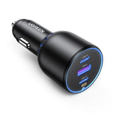 UGREEN 130W USB-C car charger with 100W PD fast charging with 2 USB-C ports and 1 USB-A port.