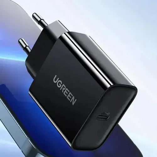 UGREEN 20W EU fast charging power adapter in black with USB-C port and compact travel-friendly design