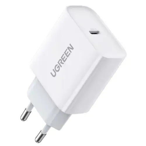 UGREEN 20W EU fast charger in white with USB-C port for smartphones, earbuds and daily charging
