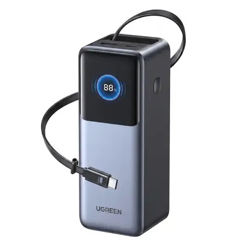 UGREEN Nexode 20000mAh 165W power bank with retractable USB-C cable and digital battery display