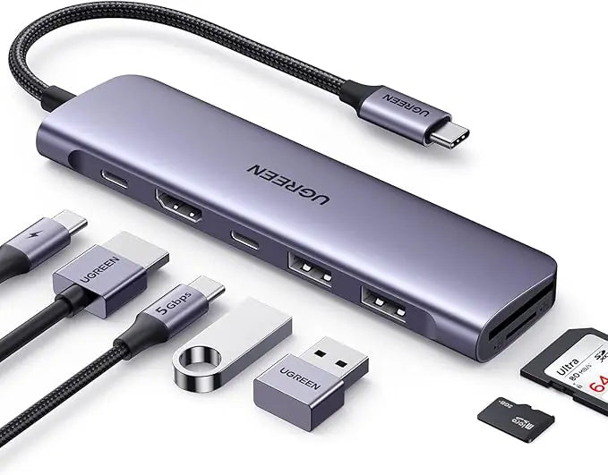 UGREEN USB-C Hub 7-in-1 Dock model 15214 with 4K HDMI and 100W PD charging front view multiport adapter.