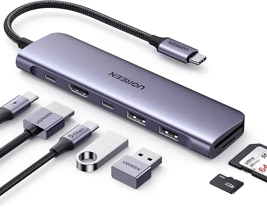 UGREEN USB-C Hub 7-in-1 Dock model 15214 with 4K HDMI and 100W PD charging front view multiport adapter.