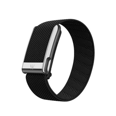 WHOOP Life MG black SuperKnit Luxe band front view with silver clasp and screen-free health tracker design