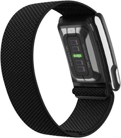 WHOOP Life MG fitness wearable back view showing health sensor, black woven band and silver side clasp