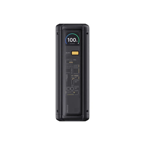 Xiaomi 212W HyperCharge Power Bank 25000mAh in black with a smart color display, dual USB-C ports, USB-A port and transparent premium design.