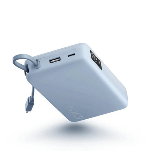 Xiaomi 67W power bank with integrated USB-C cable, USB-A port, USB-C port, and digital display