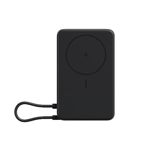 Xiaomi Magnetic Power Bank 10000 in Black with magnetic wireless charging ring and built-in USB-C cable front view