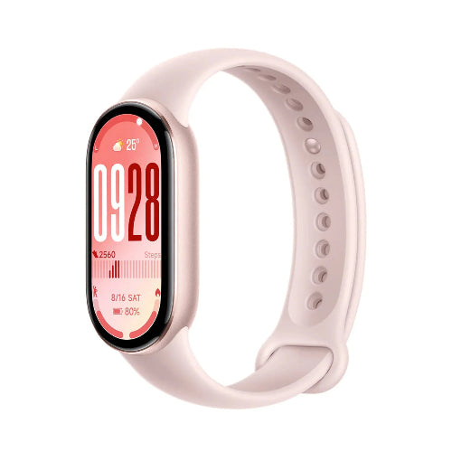  Xiaomi Mi Smart Band 10 pink edition showing vibrant display, health and sleep tracking band.