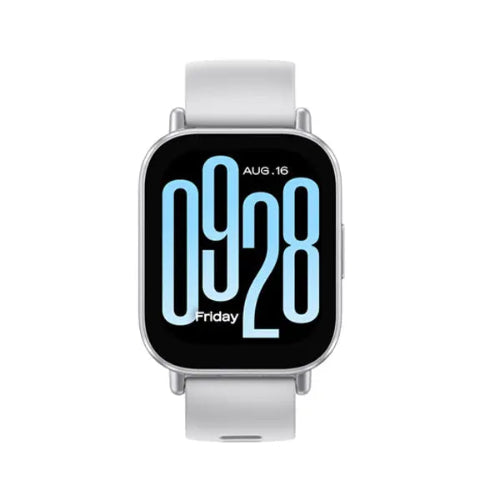 Xiaomi Redmi Watch 5 Active in Matte Silver with a large display and light-colored strap