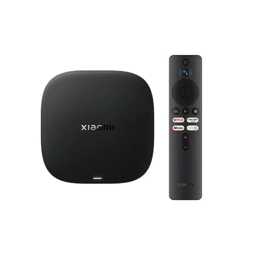 Xiaomi TV Box S 3rd Gen 4K Google TV in black with voice remote