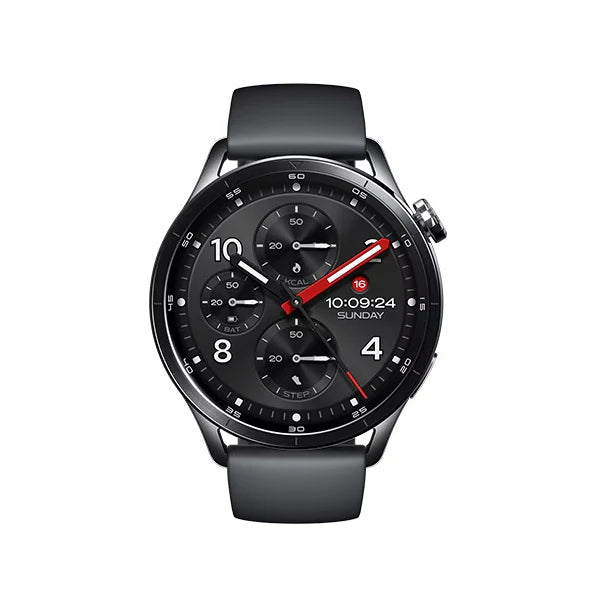 Xiaomi Watch S5 front view showing 1.48-inch AMOLED circular display with black strap.